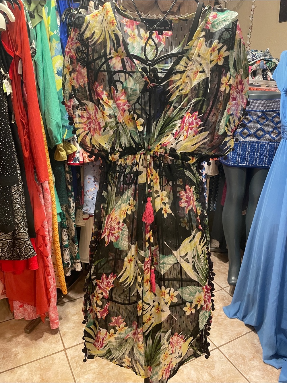 Floral Sheer Tie-Waist Midi Dress — Black with Multi Floral